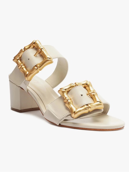 SCHUTZ Shoes - SCHUTZ Cream Leather Block Heel Sandal with Gold Buckles